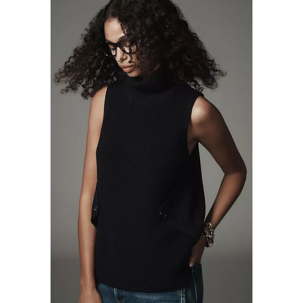Black Anthropologie Ribbed Knit Side Button Sleeveless Turtleneck Sweater (NWT)
